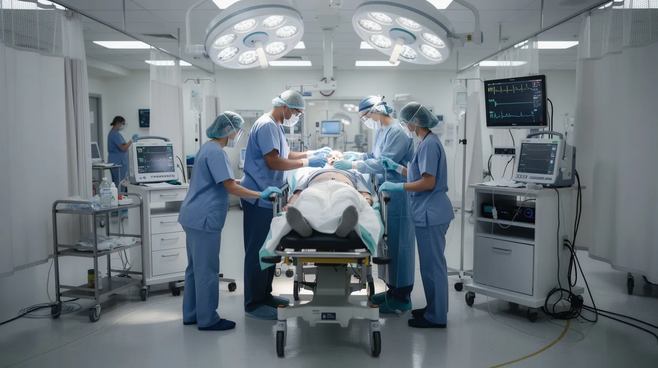 Navigating Legal Issues Around Consent: A Practical Guide for Patients and Professionals 4 - Consent Culture The image depicts an emergency room scene where medical staff are attending to a patient on a stretcher, illuminated by bright overhead lights. The healthcare providers are engaged in a critical medical procedure, highlighting the importance of obtaining informed consent and ensuring patient autonomy during such interventions.
