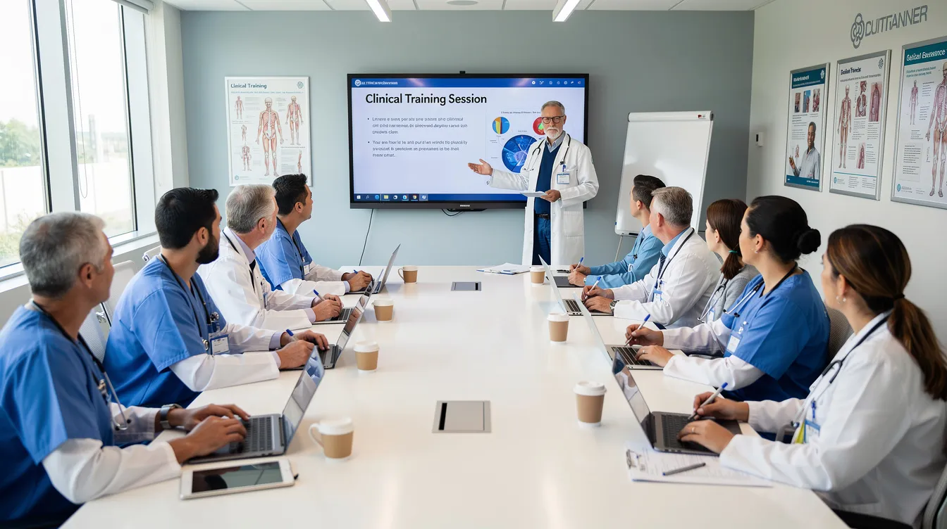 Navigating Legal Issues Around Consent: A Practical Guide for Patients and Professionals 5 - Consent Culture The image shows a diverse group of healthcare professionals, including doctors and nurses, attentively gathered around a conference table in a hospital meeting room, engaged in a training session focused on the informed consent process and ethical medical practice. They are discussing the importance of obtaining informed consent from patients regarding proposed medical procedures and the potential risks involved.