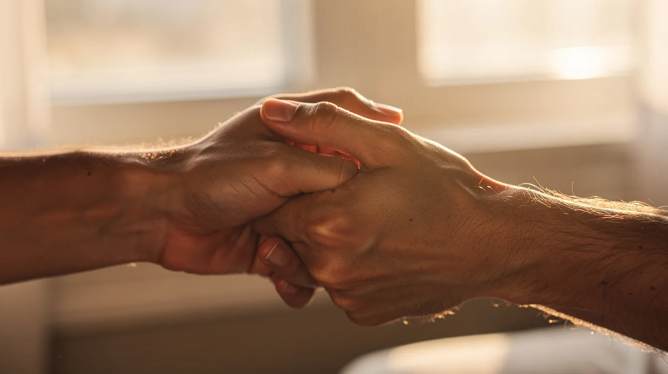 Building Trust and Emotional Intimacy: A Practical Guide for Deepening Your Connection 3 - Consent Culture The image shows two hands gently holding each other, bathed in warm natural light, symbolizing emotional intimacy and a meaningful connection between partners. This tender gesture reflects a strong emotional bond and the comfort found in intimate relationships.