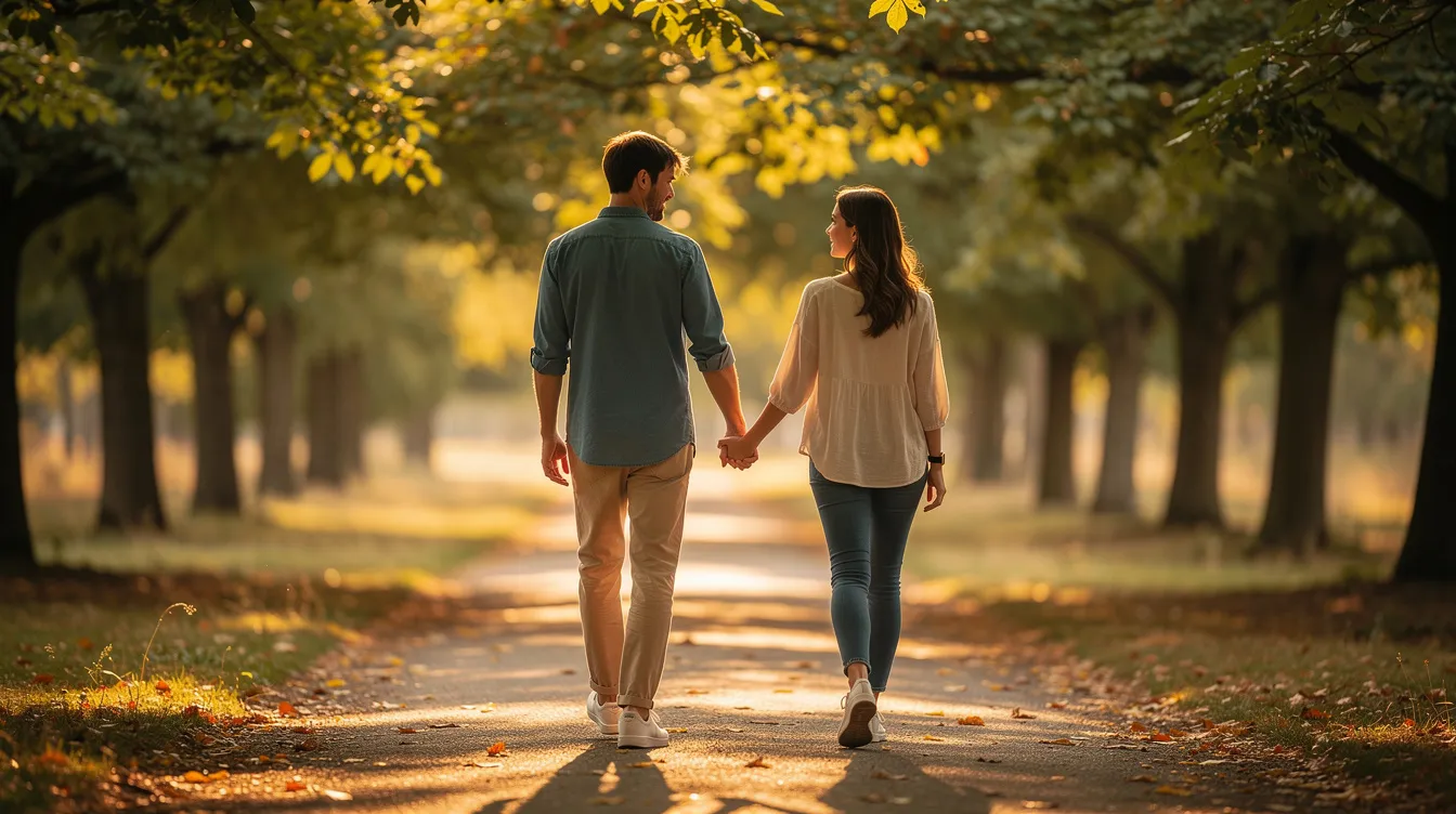 Building Trust and Emotional Intimacy: A Practical Guide for Deepening Your Connection 5 - Consent Culture A couple walks hand in hand along a serene, tree-lined path, embodying a strong emotional connection as they enjoy quality time together. Their body language reflects intimacy and trust, fostering a meaningful relationship filled with open and honest communication.