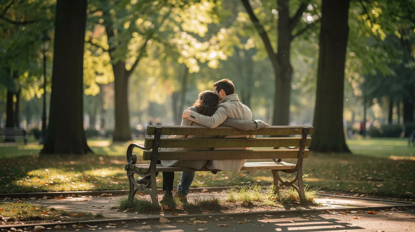 Enhancing Physical Intimacy: Practical Ways to Deepen Connection in Your Relationship 5 - Consent Culture A couple sits closely together on a park bench, with one partner resting their head on the other's shoulder, surrounded by lush trees, symbolizing their emotional connection and physical intimacy. Their posture conveys a sense of comfort and affection, highlighting the importance of quality time in their intimate relationship.