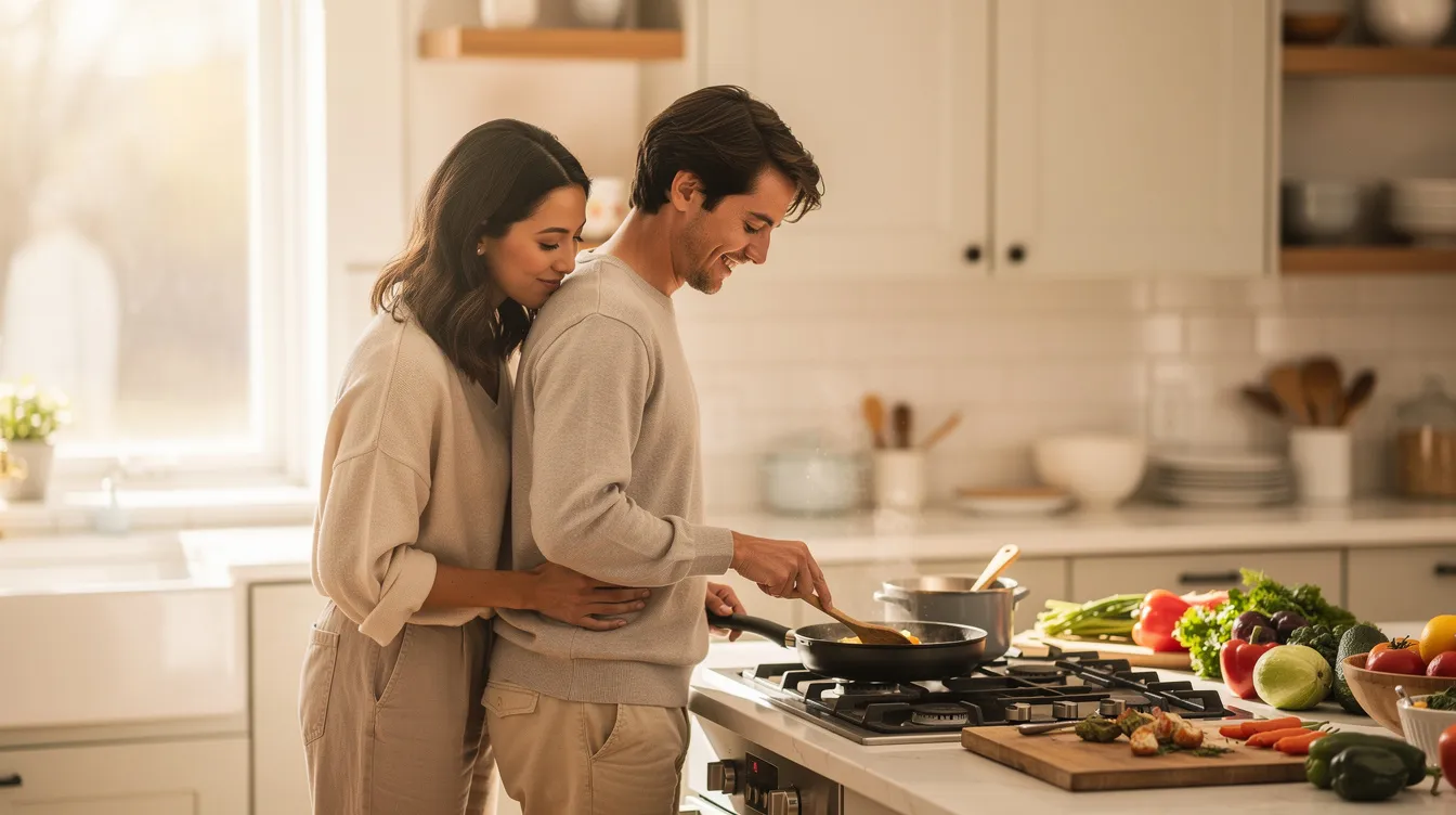 Enhancing Physical Intimacy: Practical Ways to Deepen Connection in Your Relationship 3 - Consent Culture A couple is cooking together in a cozy kitchen, with one partner gently touching the other's back, showcasing their physical affection and emotional connection. This intimate moment highlights the warmth and physical intimacy in their relationship as they enjoy quality time together.