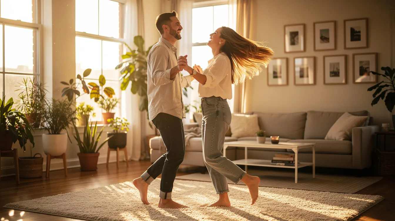 Enhancing Physical Intimacy: Practical Ways to Deepen Connection in Your Relationship 4 - Consent Culture A couple is joyfully dancing together in their living room, sharing laughter and physical affection, creating a strong emotional connection that enhances their intimacy in the relationship. Their relaxed demeanor reflects a deep bond and the joy of spending quality time together.