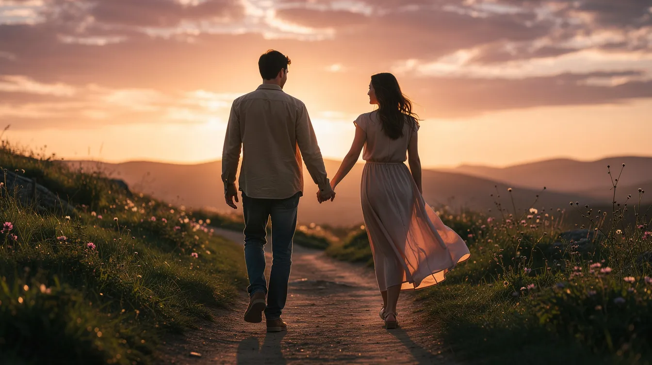 Enhancing Physical Intimacy: Practical Ways to Deepen Connection in Your Relationship 5 - Consent Culture A couple walks hand in hand along a scenic trail at sunset, embodying physical intimacy and emotional connection as they enjoy their time together. The warm glow of the setting sun enhances their intimate relationship, highlighting the beauty of their shared moments and physical affection.