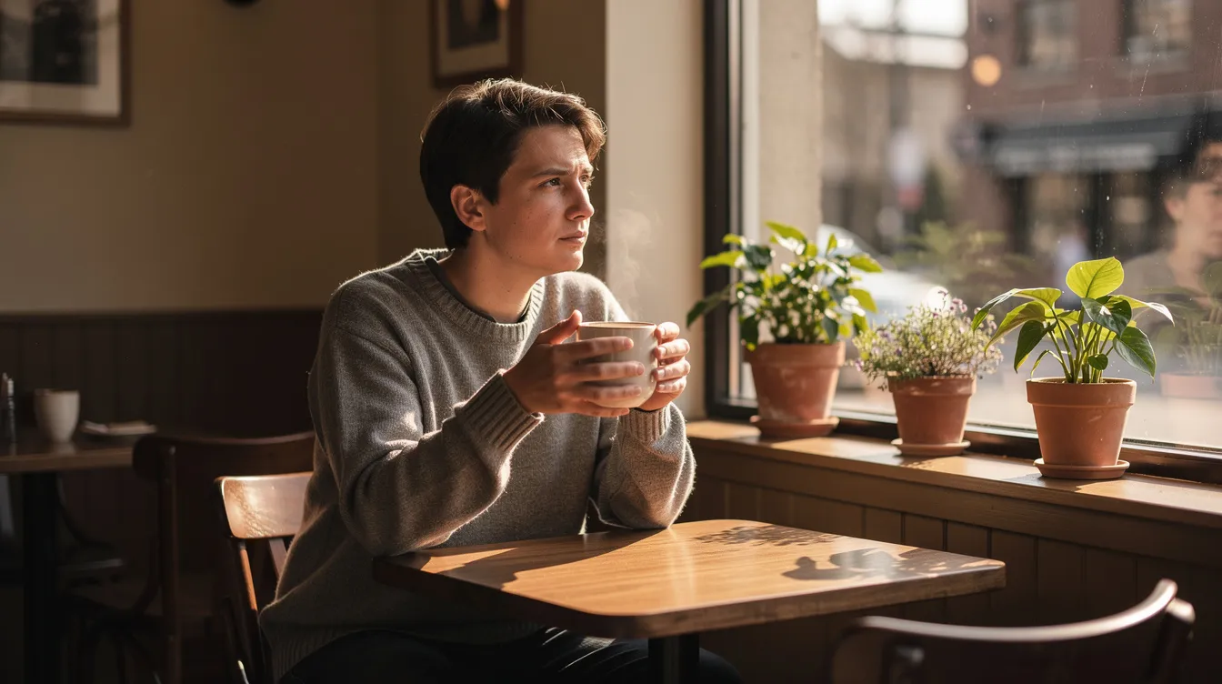 Choosing the Right Relationship Style: From Attachment Theory to Everyday Love 4 - Consent Culture A person sits alone in a sunlit cafe, gazing thoughtfully out the window while cradling a warm drink, reflecting on their feelings and relationships. This moment captures the essence of navigating life's complexities and the importance of understanding attachment styles in romantic relationships.
