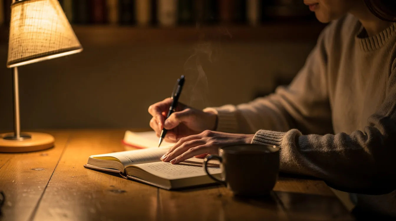 Choosing the Right Relationship Style: From Attachment Theory to Everyday Love 4 - Consent Culture A person sits at a desk, writing in a journal under the warm glow of a lamp, with a cup of tea beside them, reflecting on their feelings and relationships. The scene captures a moment of introspection, possibly contemplating attachment styles and the dynamics of romantic relationships.