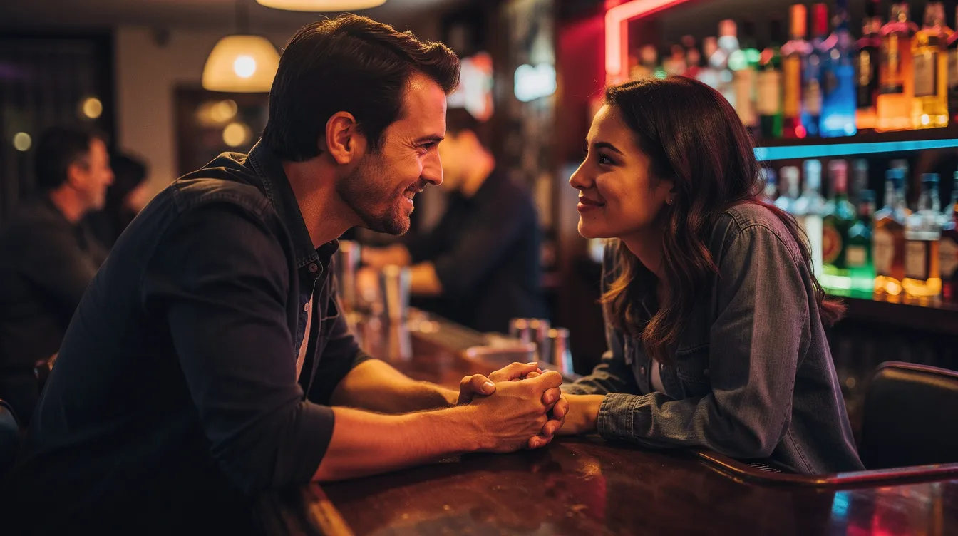 Incorporating Role Play Into Your Sex Life: A Practical Guide for Real Couples 4 - Consent Culture In a dimly lit bar, two people engage in playful flirting at the counter, showcasing a connection that hints at the excitement of exploring intimate relationships and role play scenarios. Their casual banter and body language suggest a desire to add excitement to their everyday lives through fun and engaging interactions.