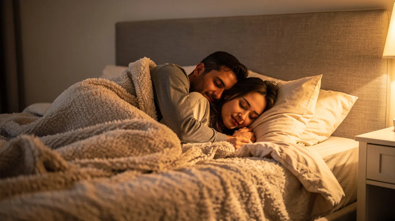 Incorporating Role Play Into Your Sex Life: A Practical Guide for Real Couples 5 - Consent Culture A couple is cuddling under soft blankets, surrounded by warm ambient lighting that creates an intimate atmosphere. This cozy scene suggests a moment of connection and comfort, perfect for exploring role play scenarios to spice up their sex life.