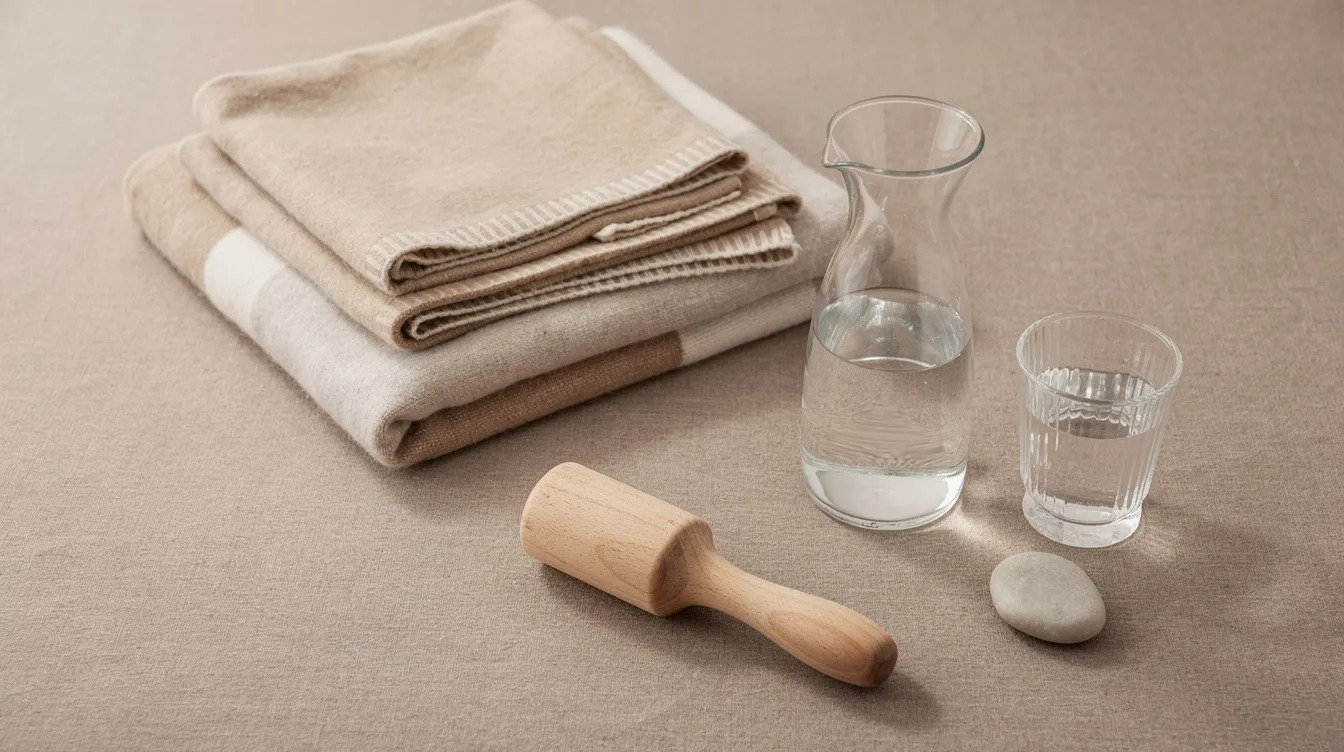 Safe and Effective Use of Impact Toys: A Consent-Forward Guide 6 - Consent Culture The image features a serene arrangement of neatly folded blankets, a container of water, and a selection of simple adult kink tools placed on a neutral surface, creating a calm and inviting atmosphere for safe and effective use of impact toys. This setup emphasizes the importance of safety standards and thoughtful consideration in the use of adult toys.