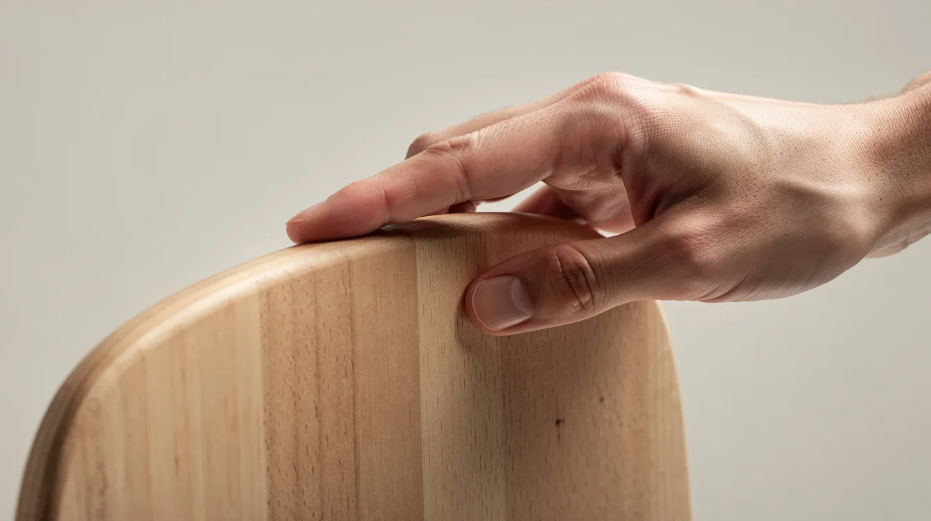 Safe and Effective Use of Impact Toys: A Consent-Forward Guide 3 - Consent Culture A close-up image shows a hand gently examining the smooth edge of a wooden paddle, highlighting the importance of toy safety and quality in children's products. This wooden toy serves as an example of how simple toys can foster creativity and contribute to a child's development.