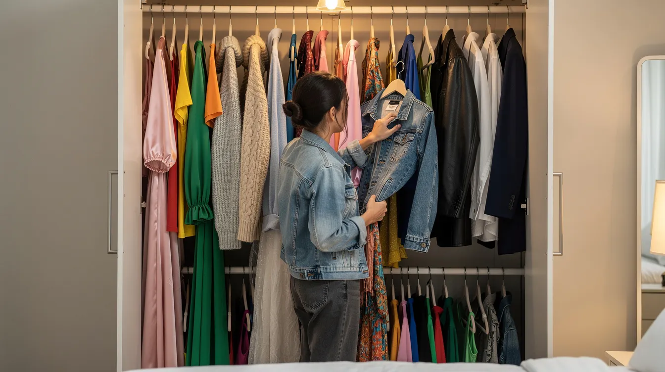 Understanding the Spectrum of Gender and Sexuality 3 - Consent Culture An individual is seen selecting clothing from a vibrant closet filled with various colors, textures, and styles, reflecting the diverse spectrum of gender expression and identity. This scene illustrates the personal journey of defining one's own gender and sexuality through fashion choices.