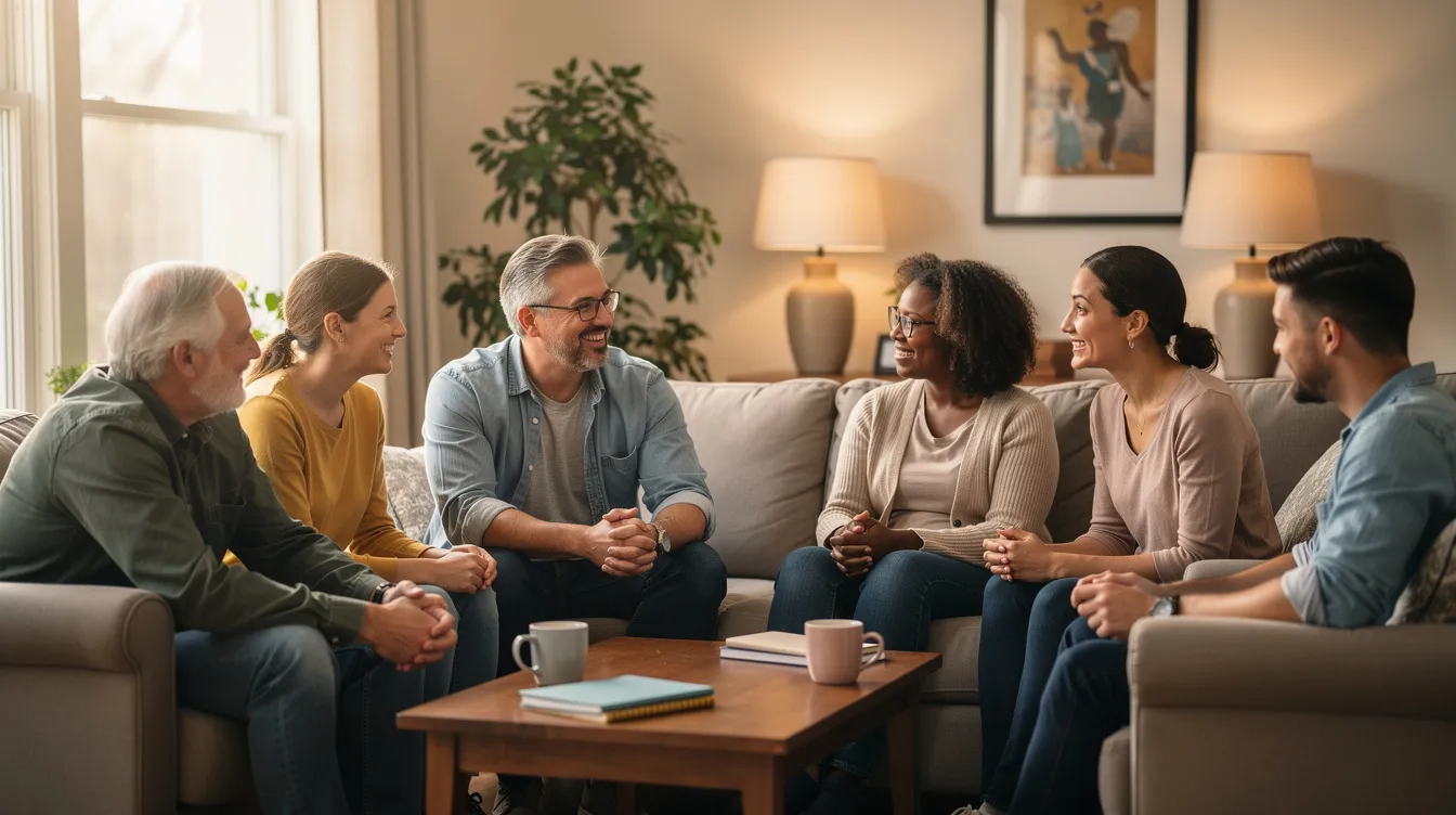 A small group of diverse adults is seated together in a relaxed community room, engaging in conversation that fosters understanding and support. This gathering reflects the importance of peer support and mental health care within the LGBTQ community, creating a safe space for individuals to connect and share their authentic selves.