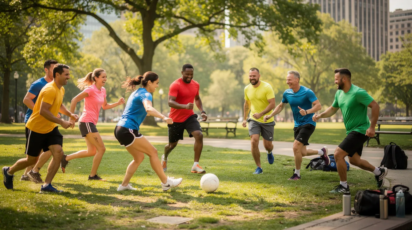 Finding Support in LGBTQIA+ Communities: A Practical Guide to Connection, Safety, and Belonging 3 - Consent Culture A diverse group of people, including individuals of various gender identities, are engaged in a casual soccer game in a park, fostering community and healthy relationships. This scene highlights the importance of peer support and social connection, which are vital for mental health and well-being, particularly within LGBTQ youth and their allies.