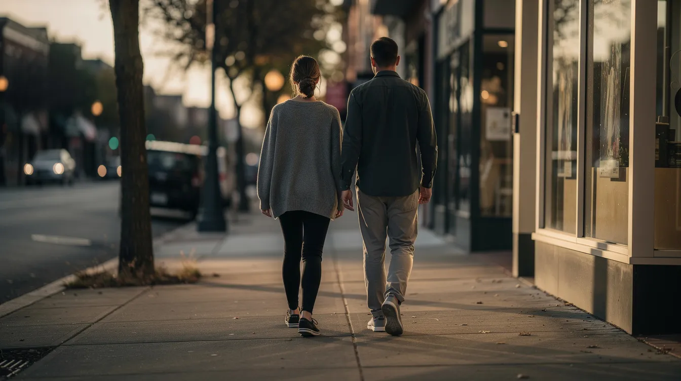 Finding Support in LGBTQIA+ Communities: A Practical Guide to Connection, Safety, and Belonging 4 - Consent Culture Two people are walking side by side on a quiet city sidewalk, enjoying each other's company while navigating their identities and experiences. This image reflects the importance of community and support in fostering healthy relationships among individuals, particularly within the LGBTQ community.