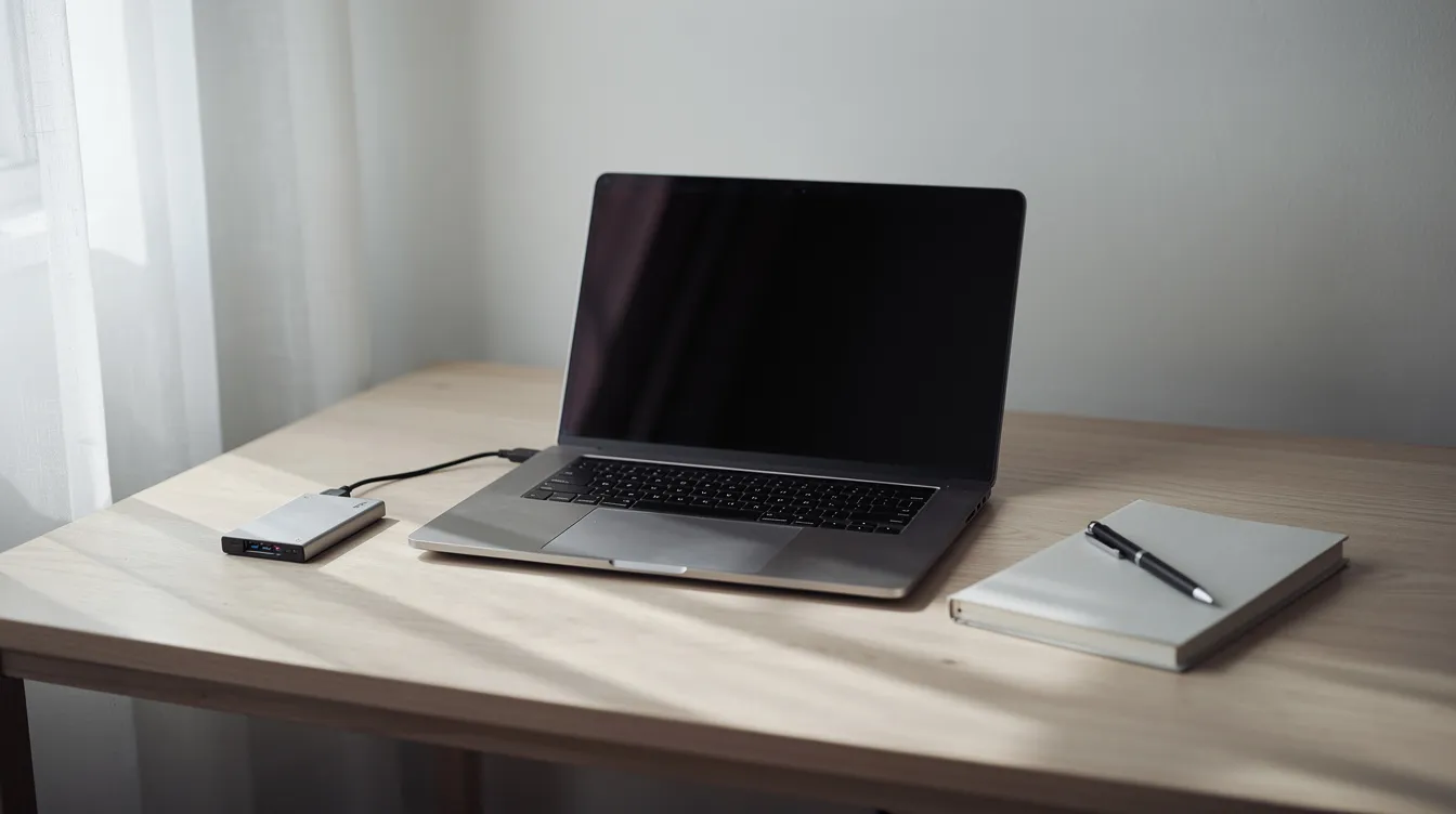 Tips for Creating Erotic Photography: A Consent‑Centered Guide 3 - Consent Culture The image shows a closed laptop, an external drive, and a notebook arranged neatly on a simple desk, with a soft curtain draping beside a window that allows natural light to fill the room. This cozy setup could serve as an inviting space for a boudoir photography session, emphasizing the importance of a naturally lit environment for capturing beautiful images.