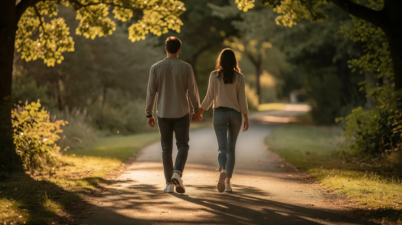 The Role of Assertiveness in Empowerment: Boundaries, Consent, and Self-Respect 4 - Consent Culture Two people are walking side by side on a quiet path, embodying the essence of healthy relationships and open communication. Their body language reflects mutual respect and assertive behavior, illustrating the importance of assertiveness in personal growth and developing supportive environments.