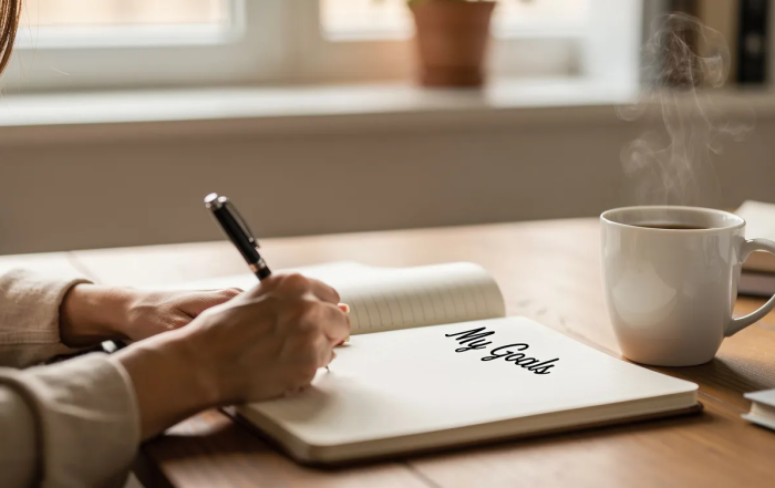 A person is seated at a desk, thoughtfully writing goals in a notebook, with a steaming cup of coffee positioned nearby, symbolizing personal growth and the pursuit of a fulfilling life. The scene captures the essence of self-improvement and the importance of setting intentions for personal and professional growth.