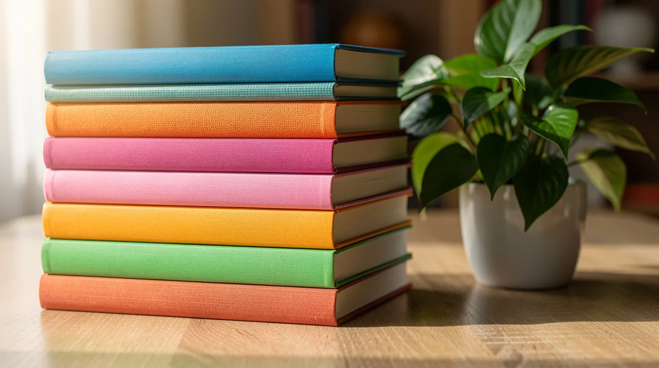 Creating a Personal Growth Reading List: A Practical Guide 3 - Consent Culture A vibrant stack of personal development books sits on a wooden table, accompanied by a lush potted plant, creating an inviting scene that suggests a space for self improvement and growth. The colorful spines of the books hint at inspiring stories and practical advice for those seeking a fulfilling life and greater self awareness.
