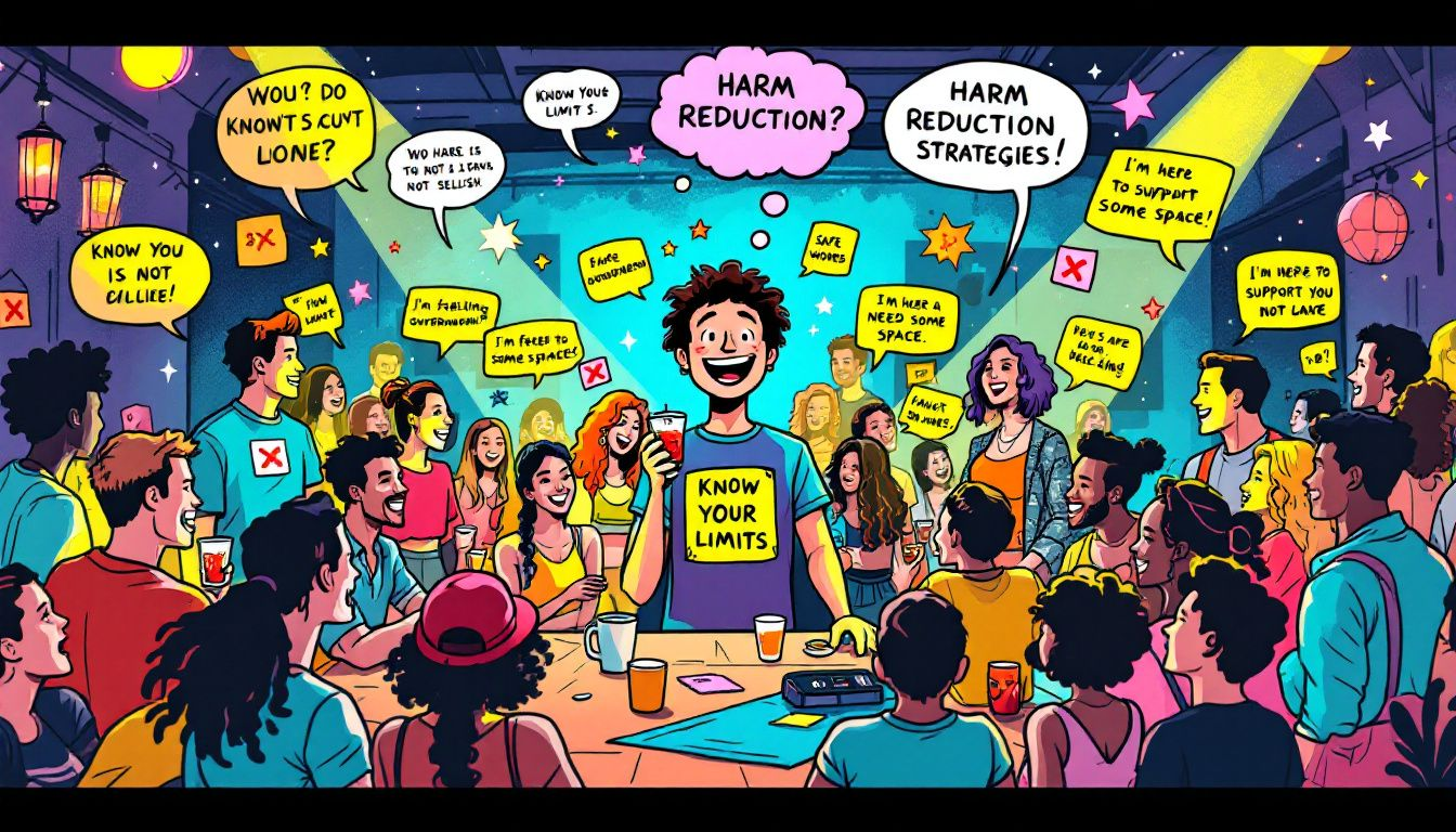 Navigating Nerves at Play Parties: Overcoming Intimacy Challenges in Small Group Situations 5 - Consent Culture An illustration depicting harm reduction strategies at a lively play party.