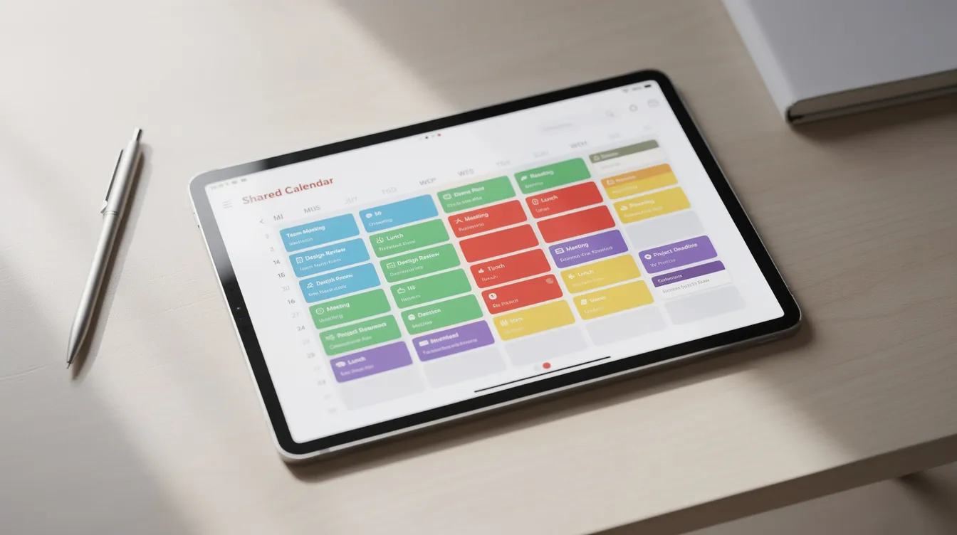 Resolving Conflicts in Non Monogamous Relationships 3 - Consent Culture The image depicts a tablet on a wooden desk displaying a vibrant shared calendar filled with color-coded entries, symbolizing the organization and planning often necessary in non monogamous relationships. This visual emphasizes the importance of open communication and mutual respect among partners in managing complex relationship dynamics.