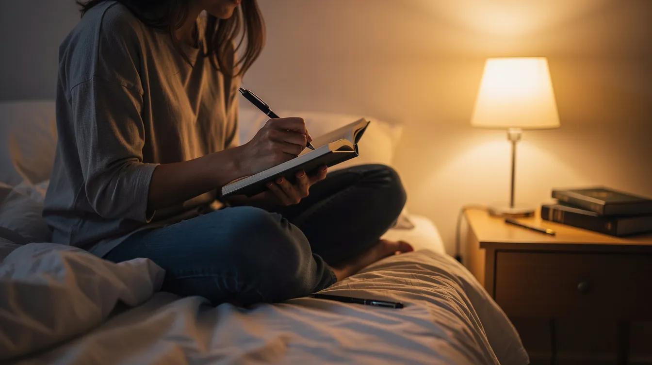Resolving Conflicts in Non Monogamous Relationships 4 - Consent Culture A person is sitting cross-legged on a bed, writing in a journal under the warm glow of a lamp. This intimate scene suggests a moment of self-reflection and personal growth, which is essential in navigating the complexities of non monogamous relationships and maintaining open and honest communication with partners.