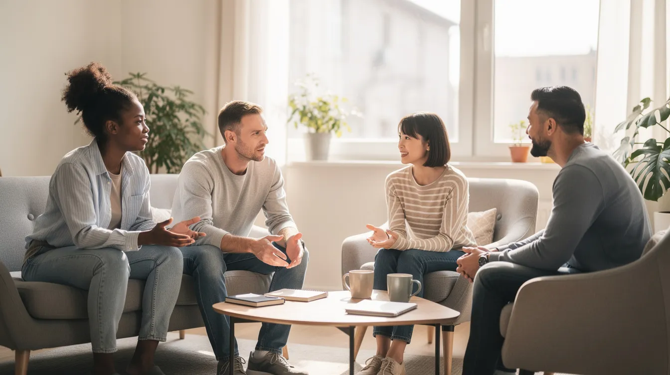 Resolving Conflicts in Non Monogamous Relationships 5 - Consent Culture A diverse group of four people is seated in a circle on comfortable chairs in a bright room, engaging in a calm discussion about the complexities of non monogamous relationships. Their conversation reflects open and honest communication, emphasizing the importance of mutual respect and understanding in managing relationship dynamics.